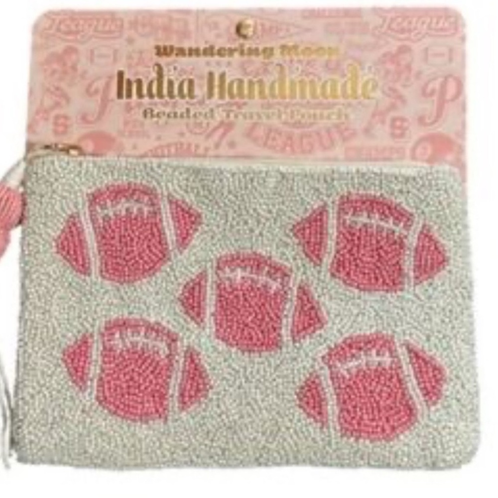 Handmade Beaded Pouch with Pink Footballs